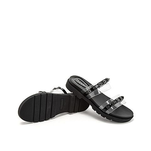 Teenmix/天美意夏新款商场同款黑色漆牛皮革/胶片女皮凉鞋AT771BT9