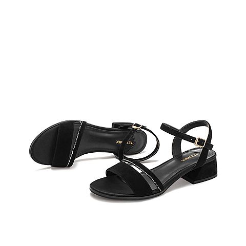 Teenmix/天美意夏新款商场同款黑色亮钻一字带女皮凉鞋6Z217BL9
