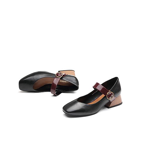 Teenmix/天美意秋新款商场同款玛丽珍系带黑色女中跟鞋CAD18CQ9