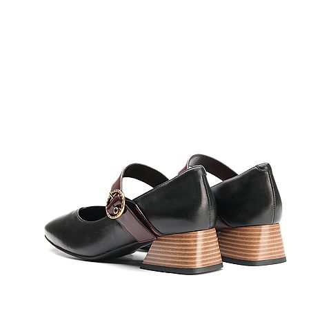 Teenmix/天美意秋新款商场同款玛丽珍系带黑色女中跟鞋CAD18CQ9