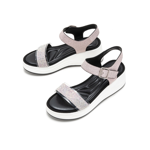 Teenmix/天美意夏新款商场同款粉色闪钻一字带坡跟女凉鞋AU491BL9