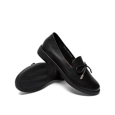 Teenmix/天美意秋新款商场同款黑色牛皮革蝴蝶结气质女单鞋CCJ04CQ9
