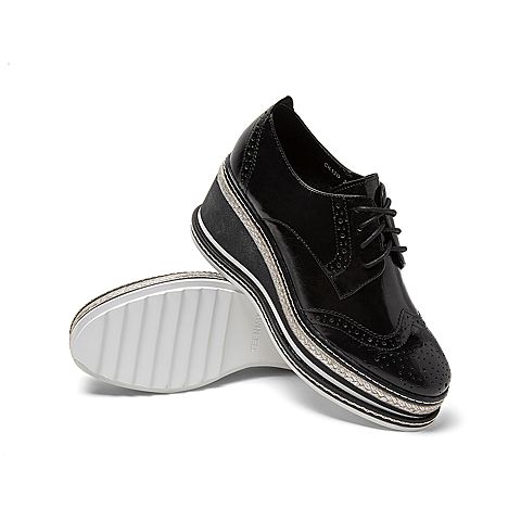 Teenmix/天美意秋新款商场同款黑色英伦布洛克坡跟女皮单鞋CK120CM9
