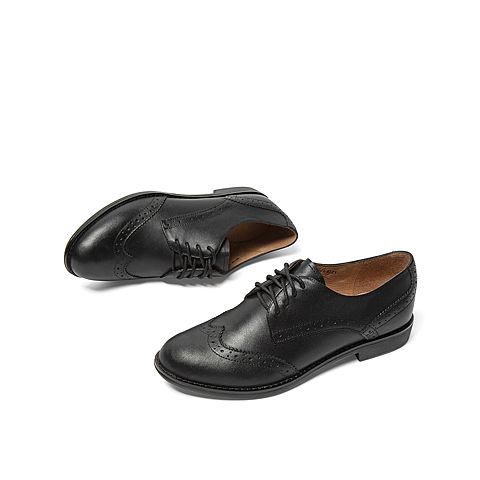 Teenmix/天美意秋新款商场同款黑色布洛克风牛皮革女皮单鞋6RY44CM9