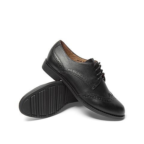 Teenmix/天美意秋新款商场同款黑色布洛克风牛皮革女皮单鞋6RY44CM9