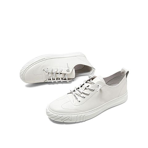 Teenmix/天美意秋新款商场同款白色时尚潮流舒适系带牛皮男休闲板鞋2OV01CM9