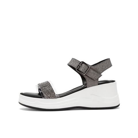 Teenmix/天美意夏新款商场同款深灰色闪钻一字带坡跟女凉鞋AU491BL9