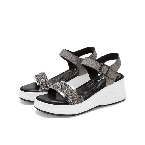 Teenmix/天美意夏新款商场同款深灰色闪钻一字带坡跟女凉鞋AU491BL9