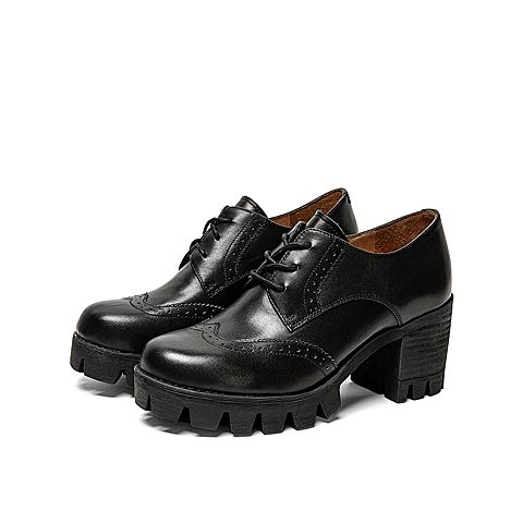 Teenmix/天美意秋新款商场同款黑色绑带布洛克女皮鞋6E829CM9