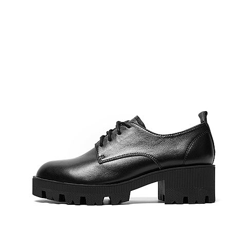 Teenmix/天美意秋新款商场同款黑色英伦风粗跟系带女皮单鞋AU561CM9