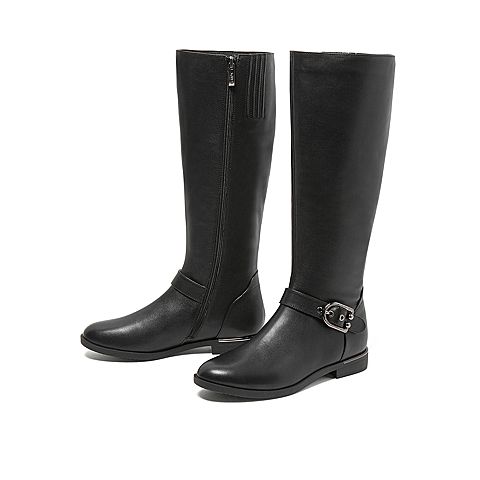 Teenmix/天美意冬新款商场同款黑色优雅长靴女牛皮革方跟靴子CBQ82DG9