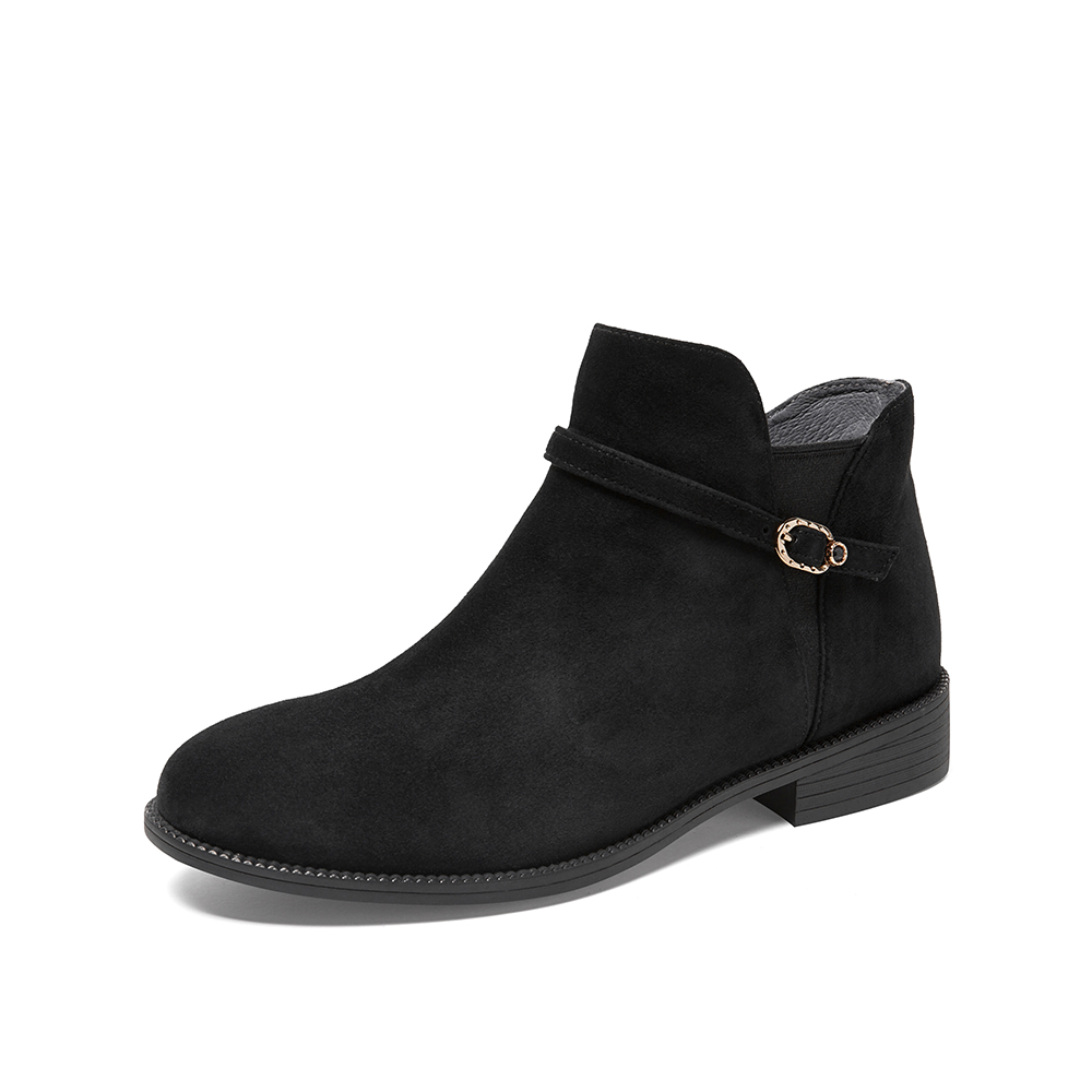 Teenmix/天美意冬新款商场同款黑色/绒面羊绒皮革切尔西短靴女皮靴CO541DD9