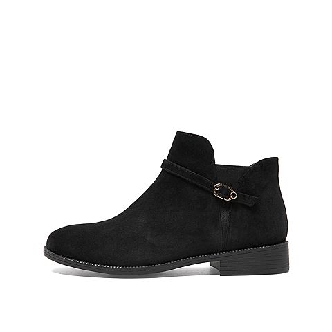 Teenmix/天美意冬新款商场同款黑色/绒面羊绒皮革切尔西短靴女皮靴CO541DD9