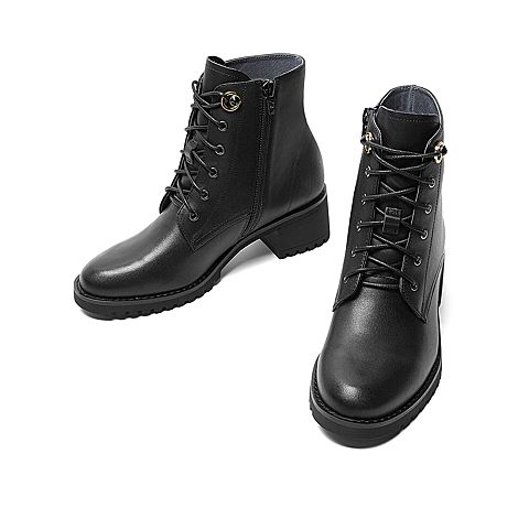 Teenmix/天美意冬新款商场同款黑色帅气马丁短靴女粗跟皮靴COK40DD9