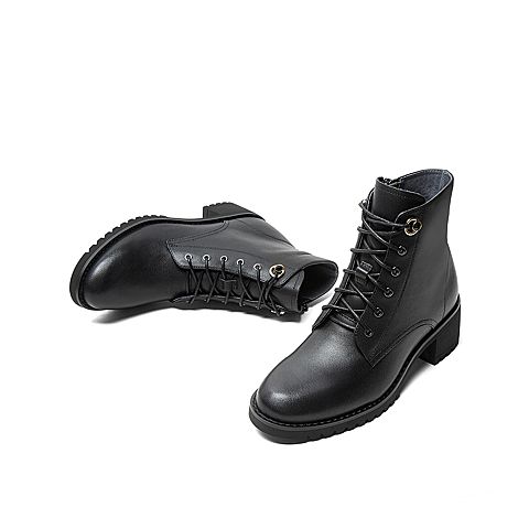 Teenmix/天美意冬新款商场同款黑色帅气马丁短靴女粗跟皮靴COK40DD9
