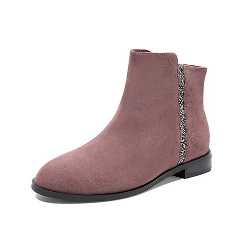 Teenmix/天美意冬新款商场同款粉色短靴女绒面波浪钻饰皮靴COH45DD9