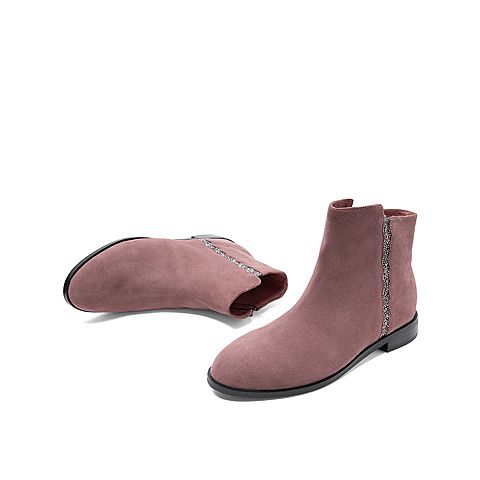 Teenmix/天美意冬新款商场同款粉色短靴女绒面波浪钻饰皮靴COH45DD9