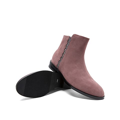 Teenmix/天美意冬新款商场同款粉色短靴女绒面波浪钻饰皮靴COH45DD9