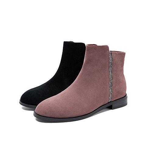 Teenmix/天美意冬新款商场同款粉色短靴女绒面波浪钻饰皮靴COH45DD9