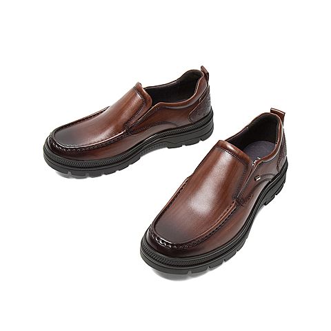 Teenmix/天美意冬新款商场同款棕色商务蛇纹后跟套脚牛皮男休闲鞋90510DM9