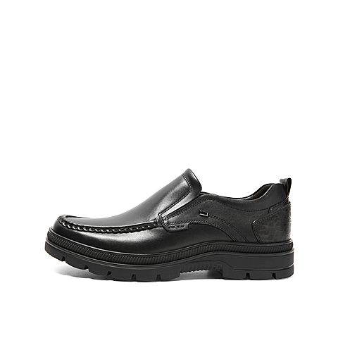 Teenmix/天美意冬新款商场同款黑色商务蛇纹后跟套脚牛皮男休闲鞋90510DM9