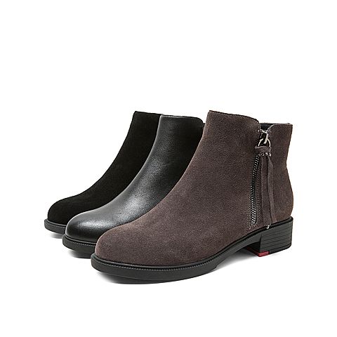 Teenmix/天美意冬新款商场同款黑色/皮面（绒里）短靴女方跟皮靴踝靴AV151DD9
