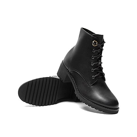 Teenmix/天美意冬新款商场同款黑绒里帅气马丁短靴女粗跟皮靴COK40DD9