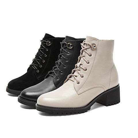 Teenmix/天美意冬新款商场同款黑绒里帅气马丁短靴女粗跟皮靴COK40DD9