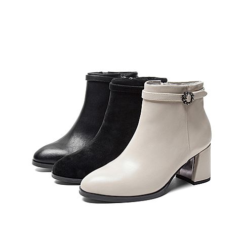 Teenmix/天美意冬新款米色优雅短靴女牛皮革粗高跟皮靴COF44DD9