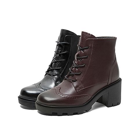 Teenmix/天美意冬新款商场同款黑色/绒里时尚英伦马丁短靴女粗高跟皮靴CFE43DD9