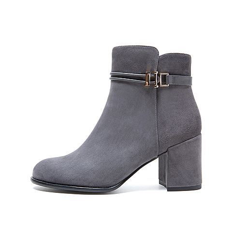 Teenmix/天美意冬新款商场同款灰色羊皮革短靴女粗高跟拉链皮靴CGH45DD9