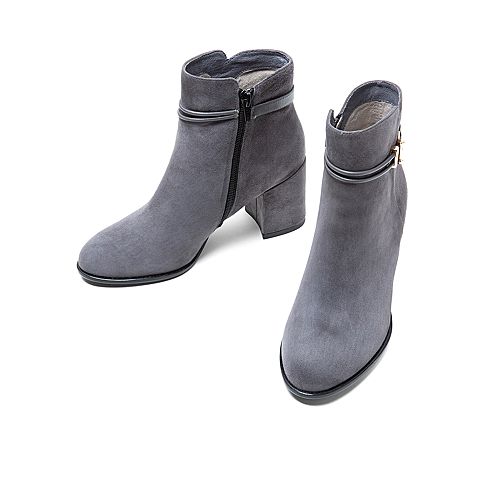Teenmix/天美意冬新款商场同款灰色羊皮革短靴女粗高跟拉链皮靴CGH45DD9