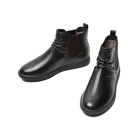 Teenmix/天美意冬新款商场同款黑色褶皱休闲平跟女短靴CKL41DD9