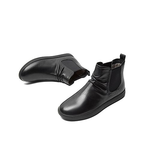 Teenmix/天美意冬新款商场同款黑色褶皱休闲平跟女短靴CKL41DD9