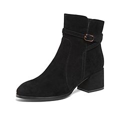 Teenmix/天美意2019冬新款商场同款黑色简约侧拉链扣带羊绒皮革女短靴AV471DD9