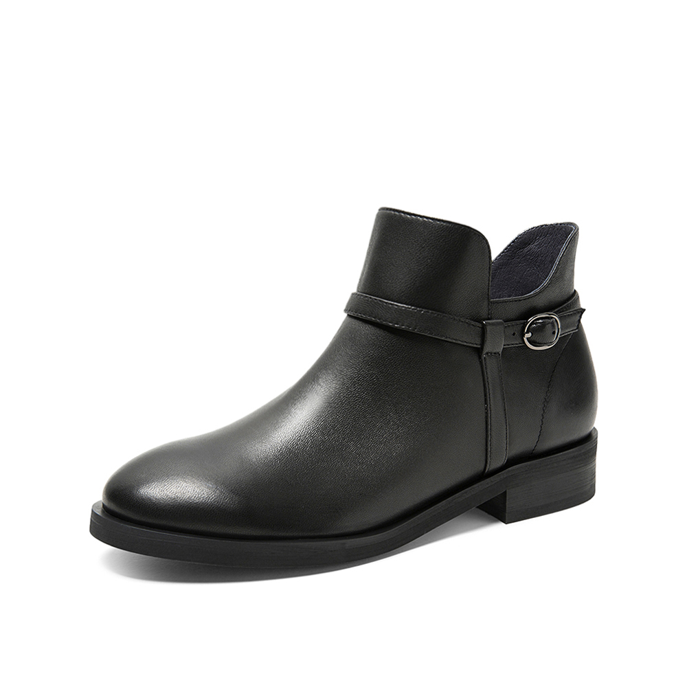 Teenmix/天美意冬新款商场同款黑色羊皮革简约短靴女拉链皮靴AV321DD9
