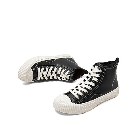 Teenmix/天美意秋新款商场同款黑色牛皮革饼干鞋小白鞋女高帮休闲短靴AV651CD9