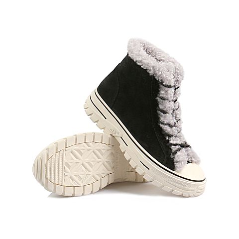 Teenmix/天美意冬新款商场同款黑绒里英伦休闲牛剖层皮革女短靴AV681DD9