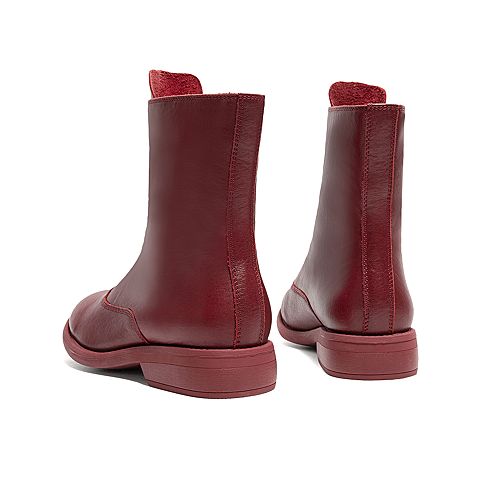Teenmix/天美意冬新款商场同款红色时尚前拉链方跟牛皮革中靴女皮靴AV721DZ9