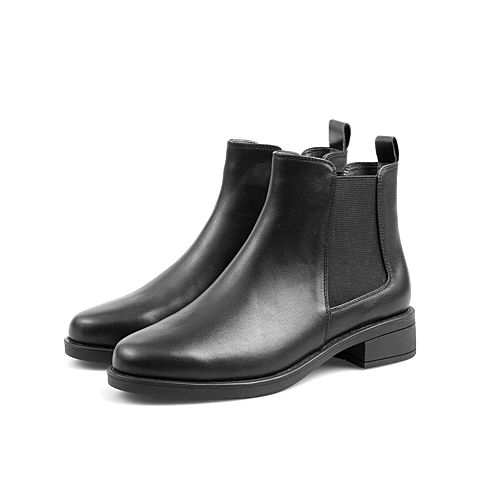 Teenmix/天美意冬新款商场同款黑绒里英伦风方跟牛皮革切尔西靴女皮靴AV881DD9