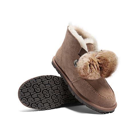 Teenmix/天美意冬新款商场同款驼色猪皮革保暖雪地靴女短靴AV871DD9