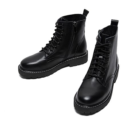 Teenmix/天美意冬新款商场同款黑色单里系带休闲马丁靴牛皮革女皮靴AW291DD9