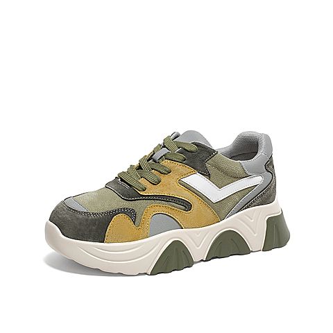 Teenmix/天美意2020春新款绿色拼色时尚厚底老爹鞋猪皮革/纺织品/人造革女旅游鞋9898DAM0