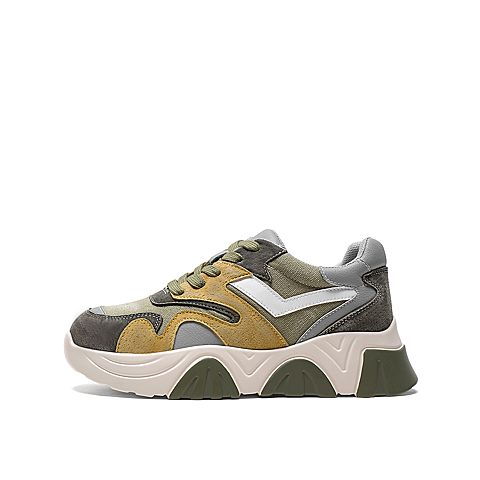 Teenmix/天美意2020春新款绿色拼色时尚厚底老爹鞋猪皮革/纺织品/人造革女旅游鞋9898DAM0