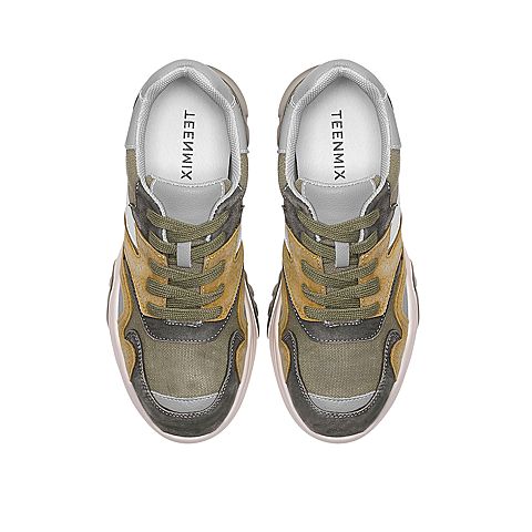 Teenmix/天美意2020春新款绿色拼色时尚厚底老爹鞋猪皮革/纺织品/人造革女旅游鞋9898DAM0