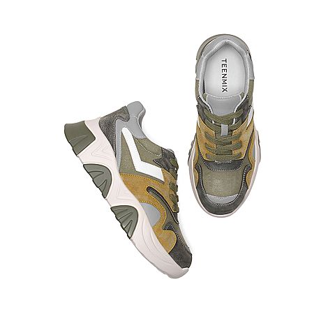 Teenmix/天美意2020春新款绿色拼色时尚厚底老爹鞋猪皮革/纺织品/人造革女旅游鞋9898DAM0