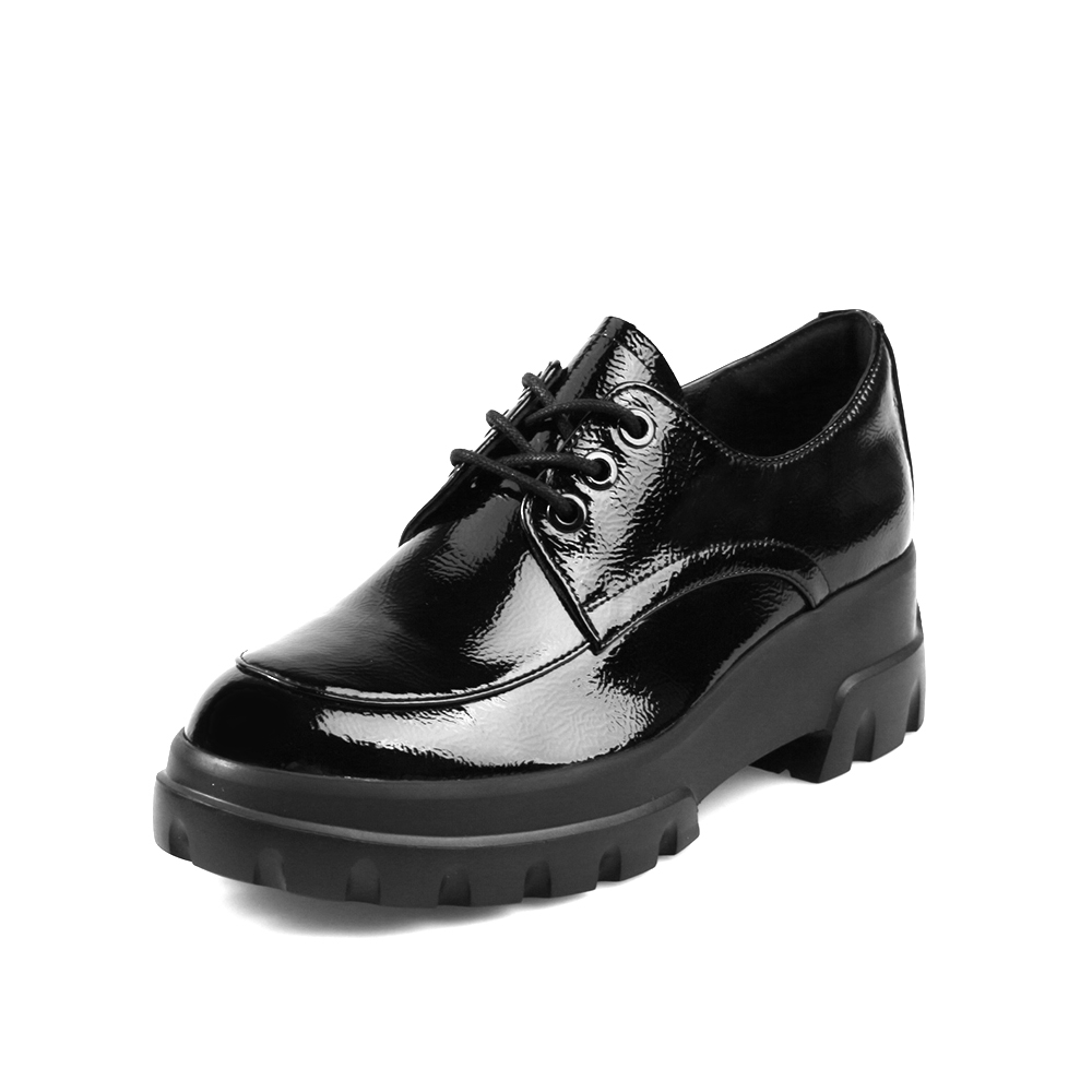 Teenmix/天美意2020春新款商场同款黑色厚底锯齿系带漆皮牛皮革女皮鞋CKG22AM0