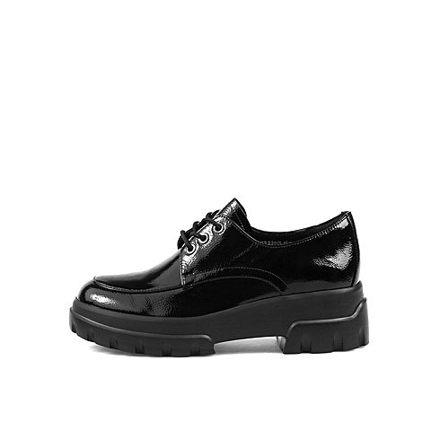 Teenmix/天美意2020春新款商场同款黑色厚底锯齿系带漆皮牛皮革女皮鞋CKG22AM0