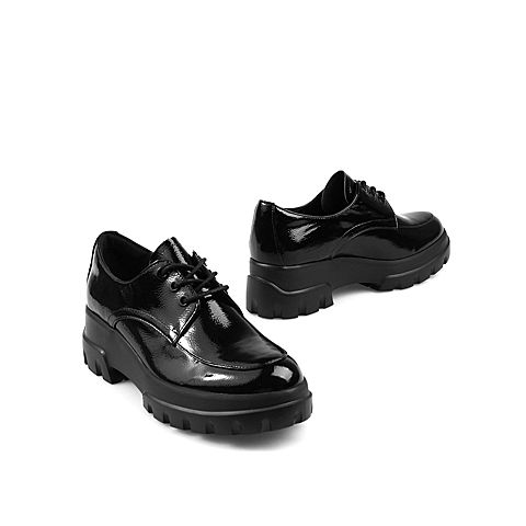 Teenmix/天美意2020春新款商场同款黑色厚底锯齿系带漆皮牛皮革女皮鞋CKG22AM0