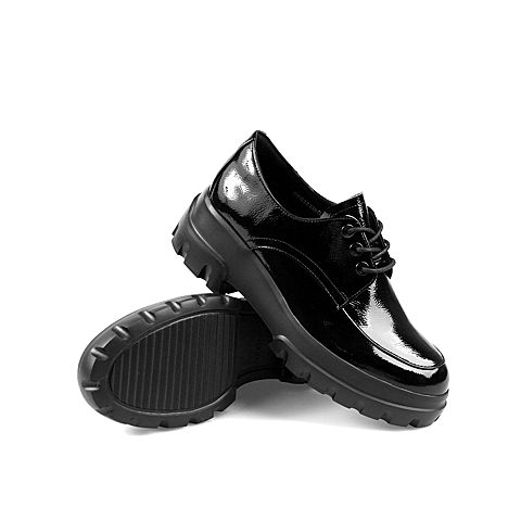 Teenmix/天美意2020春新款商场同款黑色厚底锯齿系带漆皮牛皮革女皮鞋CKG22AM0